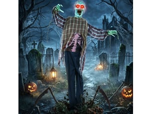 Zombie animé halloween 170 cm rouge, yeux led et activation sonore et tactile, décoration sur pied