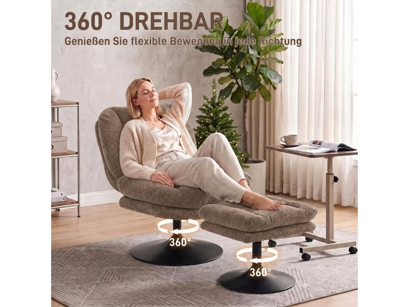  Fauteuil avec pouf pivotant à 360°, repose-pieds réglable en hauteur, dossier enveloppant, velours polyester marron  - Conforama C