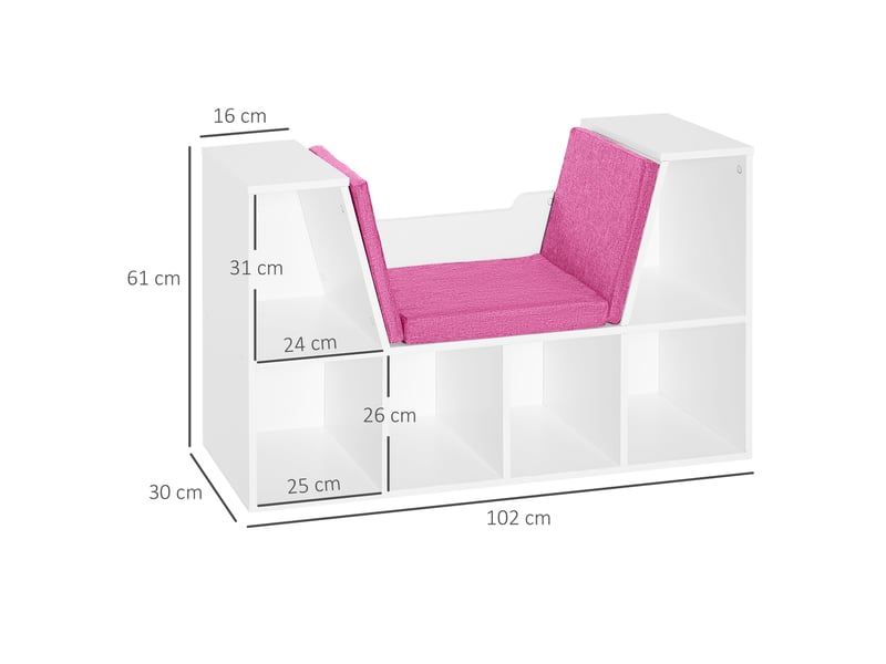  Étagère avec siège intégré, bibliothèque à 6 compartiments, coussin pour salon ou chambre, 102 x 30 x 61 cm, blanc et rose  - Conforama E