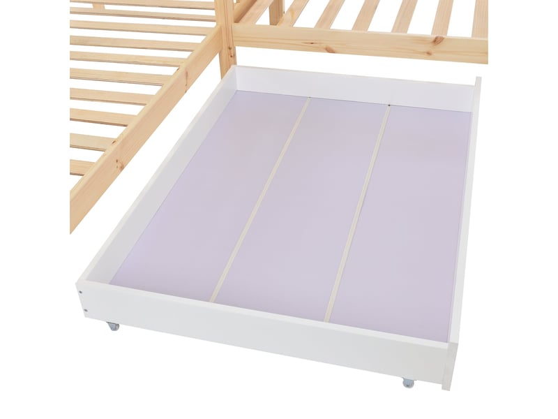 Lit cabane enfant 90x200 cm en bois massif avec tiroir et étagères, structure en l, naturel - Conforama E