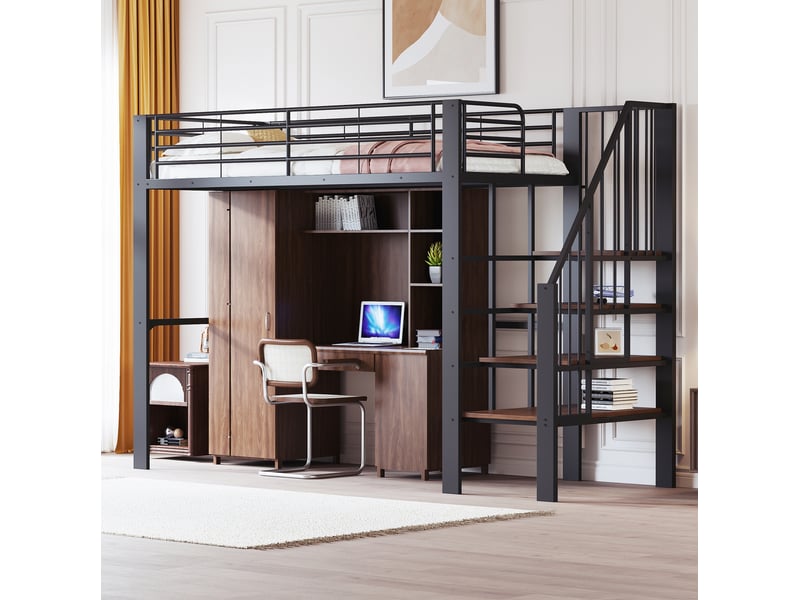  Lit mezzanine 90 x 200 cm en métal noir avec escalier et espace de rangement  - Conforama B