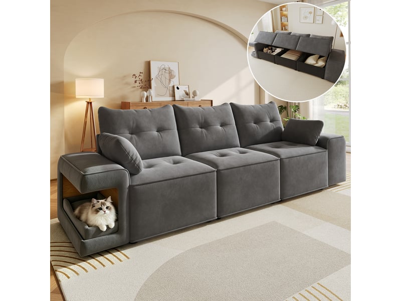 Canapé modulable 3 places, velours gris avec accoudoirs larges, canapé avec rangement intégré et niche intégrée pour salon, 229.5cm - Conforama B