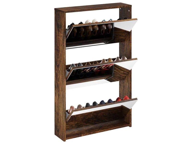  Meuble à chaussure, armoire à chaussures miroir 3 niveaux chêne fumé 63x17x102,5 cm  - Conforama C