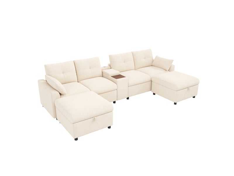 Canapé d'angle modulable 6 places en tissu chenille beige, forme u ou l avec poufs de rangement et console centrale pour salon - Conforama A