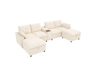 Canapé d'angle modulable 6 places en tissu chenille beige, forme u ou l avec poufs de rangement et console centrale pour salon