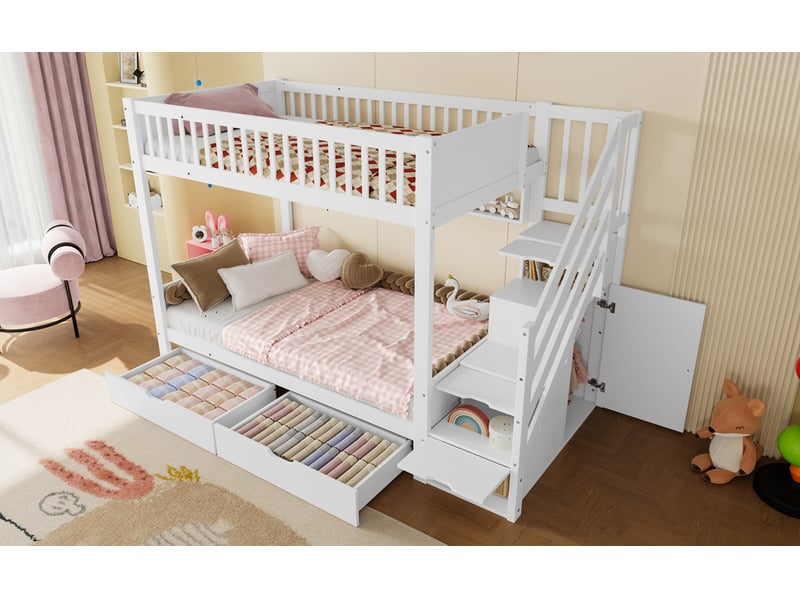 Lit superposé 90 × 200 cm, tiroir, étagères, armoire, escalier-rangement et garde-corps hauts, pin et mdf, blanc - Conforama B