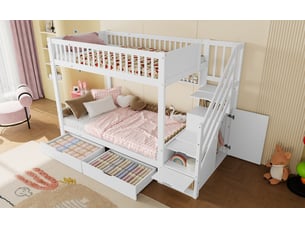 Lit superposé 90 × 200 cm, tiroir, étagères, armoire, escalier-rangement et garde-corps hauts, pin et mdf, blanc