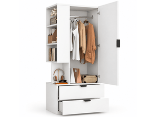 Armoire penderie de chambre 70x50x170 cm - 2 tiroirs - étagères ouvertes - espace penderie - bois et bois reconstitué - blanc