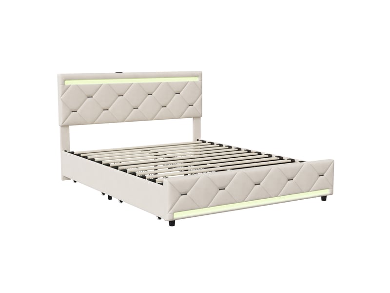  Dreammespace lit double king size 160x200 cm - lit avec rangement 4 tiroirs &amp; led ambiance, ports usb, velours beige DreamMespace - Conforama A