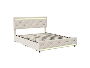 Dreammespace lit double king size 160x200 cm - lit avec rangement 4 tiroirs & led ambiance, ports usb, velours beige