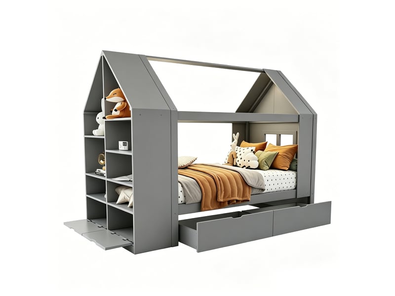  Lit cabane enfant 90x200 cm - 2 tiroirs et rangement - LED - lit multifonction en bois - Lit simple - Gris  - Conforama A