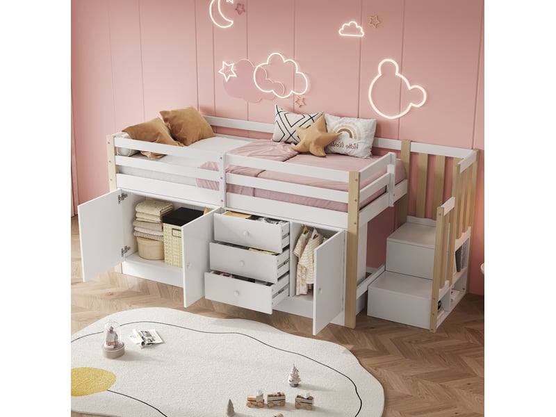  Lit surélevé enfant 90x200 avec rangement et escalier cravdom  - Conforama C