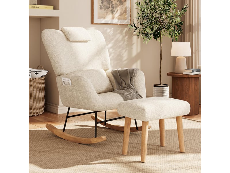 Fauteuil à bascule avec repose-pieds - 75x75x92.5cm - chaise berçante avec poches latérales et appui-tête en bouclette - beige - Conforama B