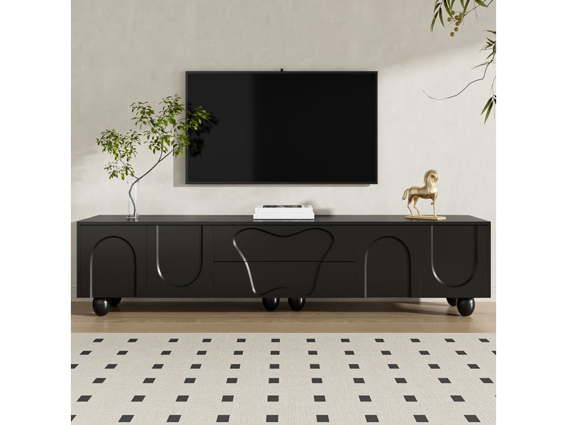 Meuble tv noir 180 cm avec rangements et portes arrondies  - Conforama B