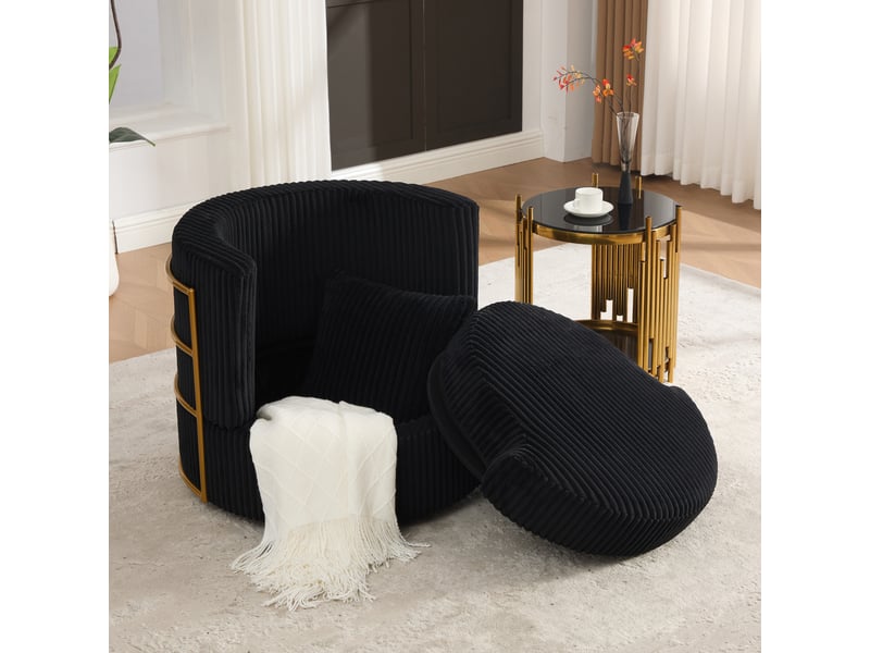  Fauteuil pivotant à 360° en velours côtelé avec rembourrage en mousse haute densité et espace de rangement sous l'assise - noir  - Conforama D