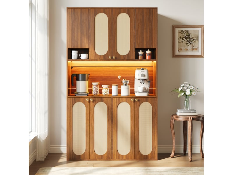  Buffet haut ulevr de rangement à 8 portes, 106 x 40 x 178 cm, espace bar avec led réglable, mdf et décor en rotin pe naturel  - Conforama B