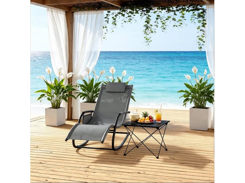 Transat à bascule gris en tissu avec structure métal, poche latérale et appui-tête, pour terrasse ou jardin - Conforama B