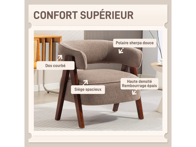  Fauteuil de salon en tissu bouclette, chaise rembourrée, assise large, 70 x 64 x 71 cm, dossier ergonomique, marron  - Conforama D