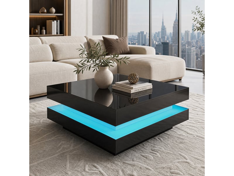  Table basse carrée 70x70x36 cm – noir – éclairage led bluetooth multicolore et finition laquée brillante  - Conforama B