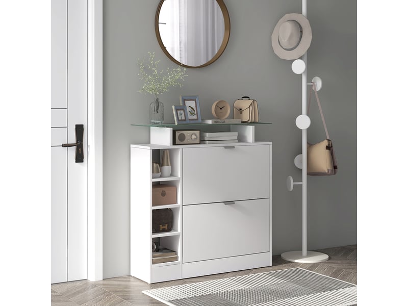  Meuble à chaussures avec tiroirs abattants, étagères réglables et étagères ouvertes pour 12 paires de chaussures, 89 x 25 x 92 cm, blanc  - Conforama C