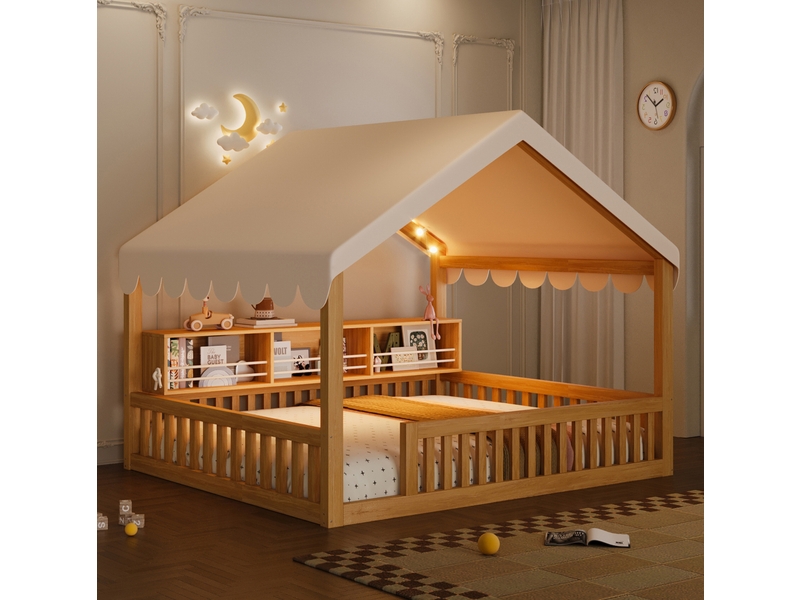  Lit cabane 140x200 cm avec baldaquin, rangement livre, garde-corps, guirlande led, mdf et pin, naturel sans matelas  - Conforama D