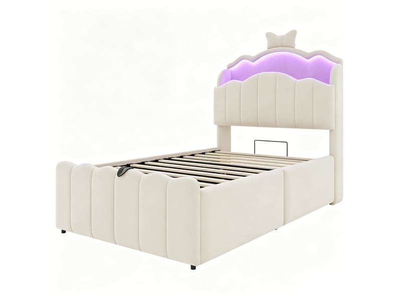 Lit enfant velours beige 90x200 cm avec rangement hydraulique, led, usb et type-c  - Conforama A
