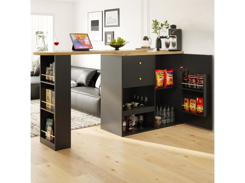  Table de bar pivotante îlot de cuisine noir en mdf avec 2 tiroirs et étagères à 3 niveaux, meuble modulable pour salle à manger  - Conforama E