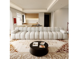 Canapé droit compressé 4 places 400x100x68 cm en mousse douce et tissu chenille couleur blanc, moderne