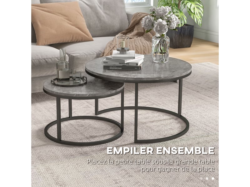  Lot de 2 tables basses gigognes empilable design industriel plateau imitation ciment pieds en métal gris  - Conforama D