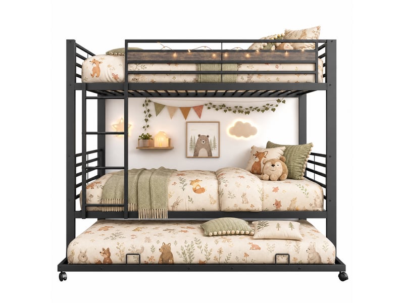 Lit superposé enfant 90x200 cm, 3 couchages avec lit gigogne 90x190 cm, garde-corps, échelle, roulettes, structure métal noir, gain de place - Conforama A