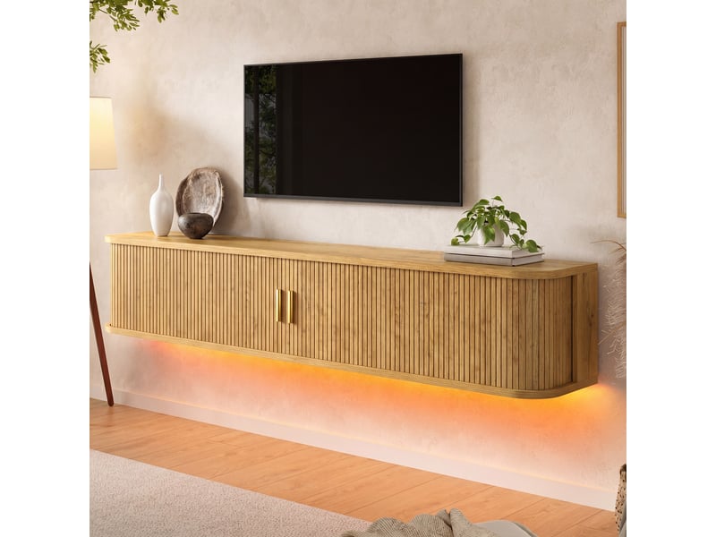  Meuble tv 175x30x30 cm, suspendu, extensible, éclairage led, commande par application, 1 tiroir, mdf pour salon - naturel  - Conforama B