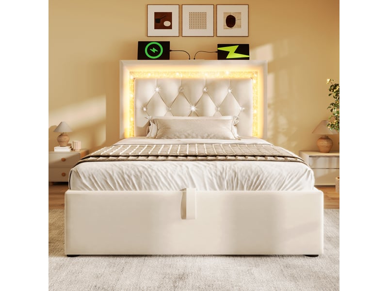  Lit simple capitonné 90x200 cm en velours, led et usb type-c, coffre hydraulique, beige, matelas inclus  - Conforama E
