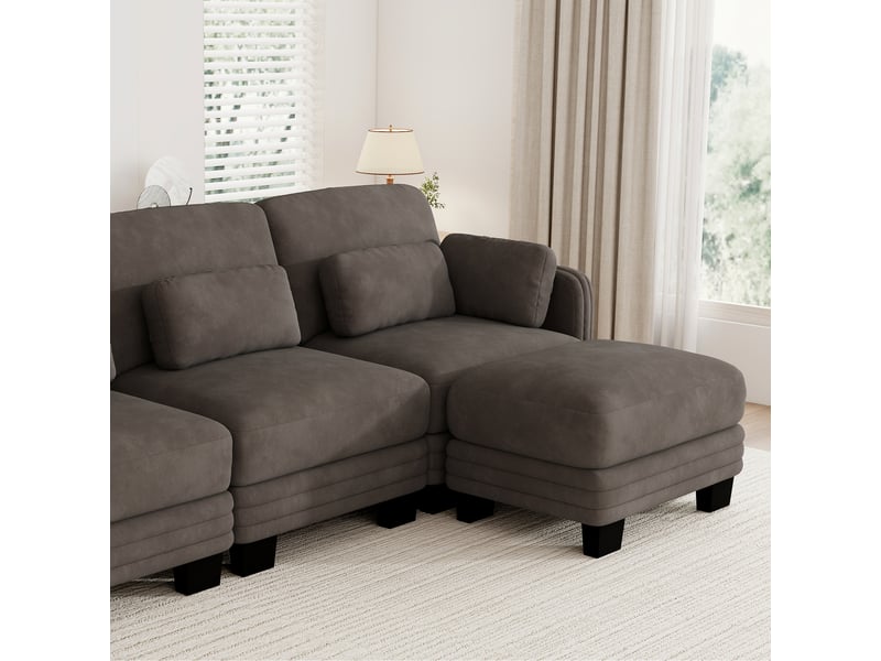  Canapé droit modulable 253 cm 3 places avec 2 poufs, coussins d’accoudoir amovibles, coussins lombaires épais à soutien renforcé, chenille, brun café  - Conforama C