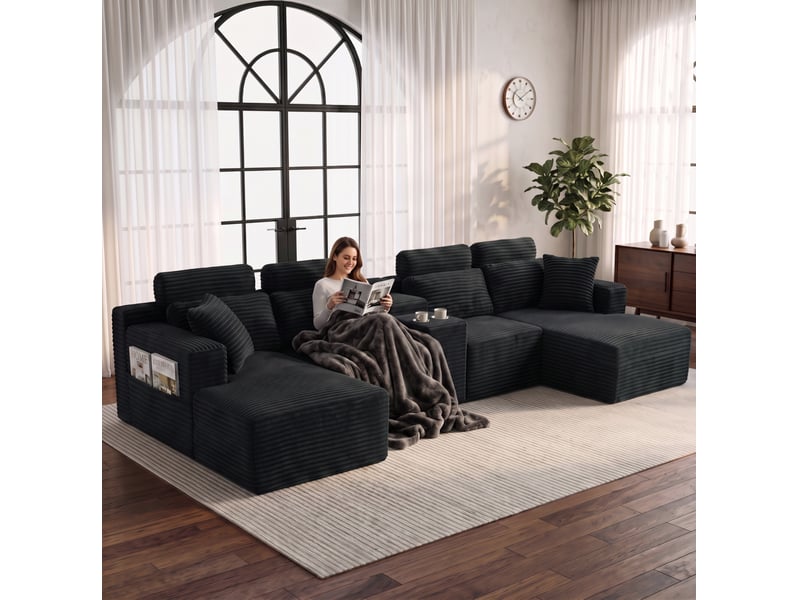 Canapé d’angle modulaire en u 373x151x81 cm compressé, porte-gobelets, mousse, velours côtelé couleur noir - Conforama D