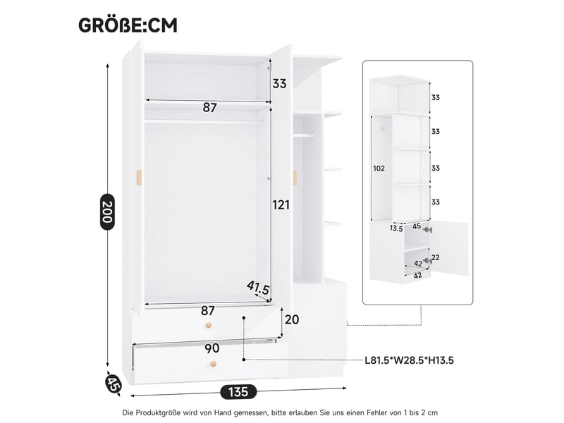  Armoire 135x45x200 cm à portes battantes, 2 tringles, 2 tiroirs, poignées en bois, mdf, bois et métal, blanc, rangement  - Conforama C