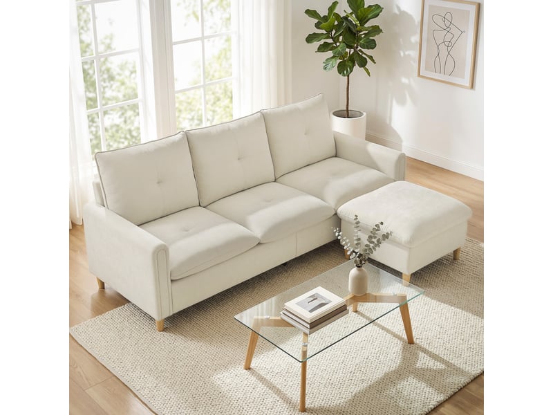 Canapé 3 places avec pouf de rangement, canapé d'angle modulable 210 cm, assise large, crème, tissu aspect lin - Conforama D