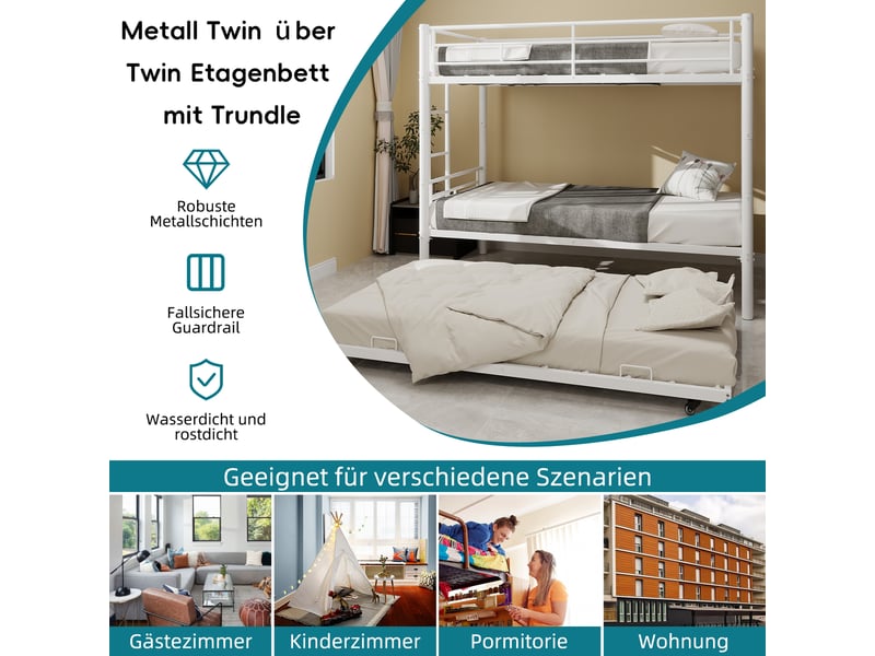  Lit superposé 3 places - 2x90x190cm + lit gigogne 90x180cm - métal blanc - sécurité renforcée  - Conforama R