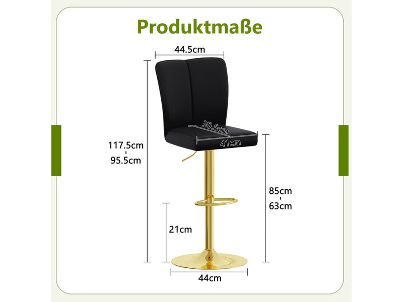  Lot de 2 tabourets de bar 95,5-117,5 cm réglables pivotants 360°, métal, polyuréthane, pour salon, cuisine, noir et or  - Conforama C
