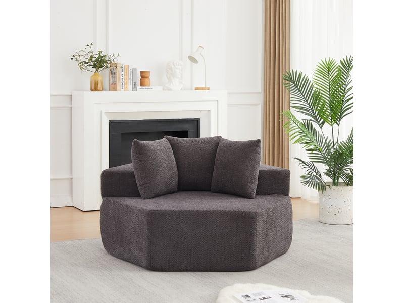  Fauteuil lounge hexagonal 1 place modulable avec 3 coussins en chenille gris  - Conforama D