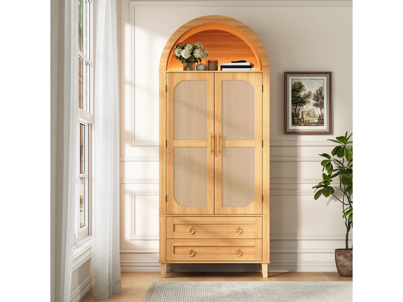  Buffet haut 76 x 40 x 179,5 cm en mdf et panneaux de particules avec led et rangements naturel chicfurn  - Conforama B