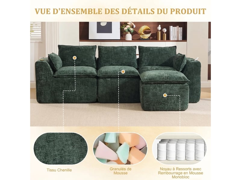 Canapé 3 places modulable vert foncé en chenille avec pouf et porte-gobelet - 256x161x75cm - Conforama D