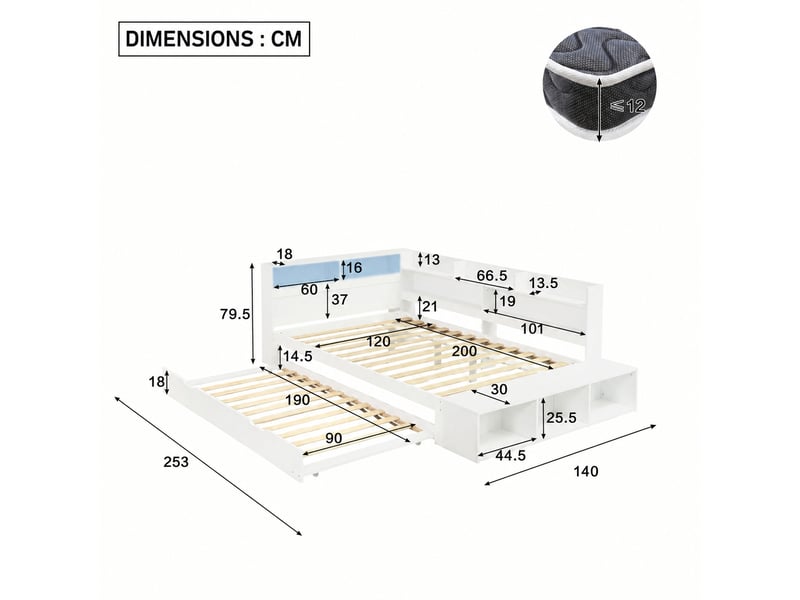 Lit gigogne blanc 120 x 200 cm avec rangements, led et banquette - Conforama C