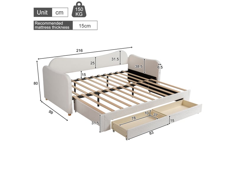  Couchage gigogne, 90x200 cm, lit banquette, tête de lit, recharge, bouclé, matelas non inclus, tissu, coloris beige  - Conforama C