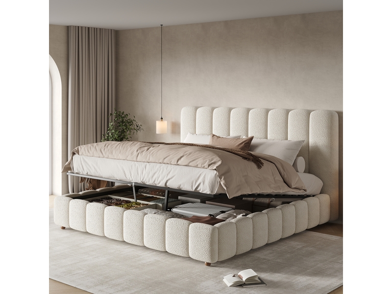  Lit coffre 160x200 cm blanc, tissu bouclé, sommier relevable hydraulique, tête de lit rembourrée, pieds en bois massif, sommier à lattes inclus  - Conforama B