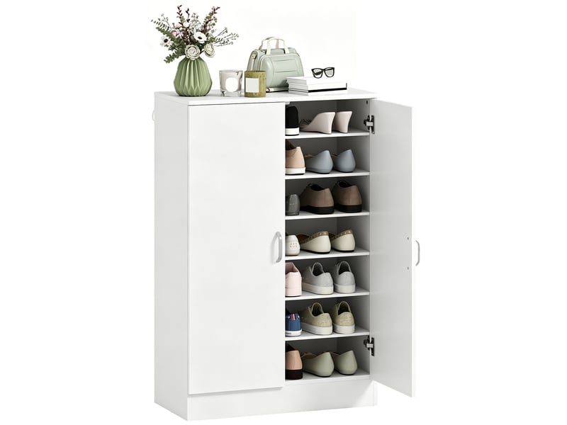  Meuble à chaussures à 2 portes, 6 étagères réglables, charnières à fermeture amortie, pour 21 paires de chaussures, blanc  - Conforama A