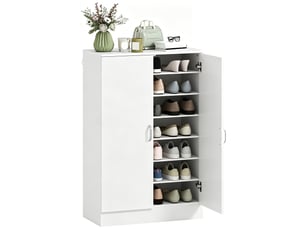 Meuble à chaussures à 2 portes, 6 étagères réglables, charnières à fermeture amortie, pour 21 paires de chaussures, blanc