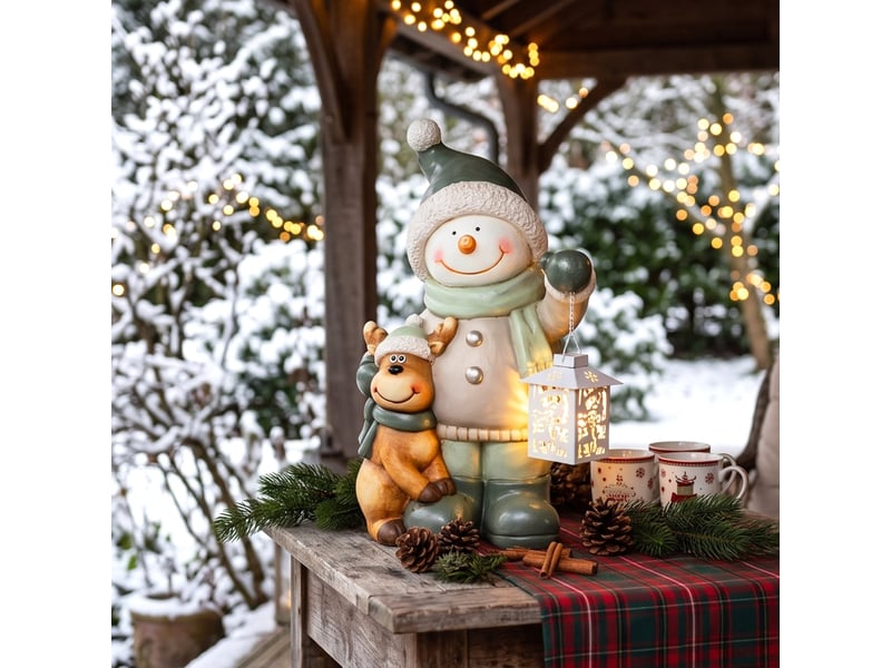 Bonhomme de neige 43 cm en mgo avec lanterne led et minuterie, pour entrée et zone de porte - Conforama D