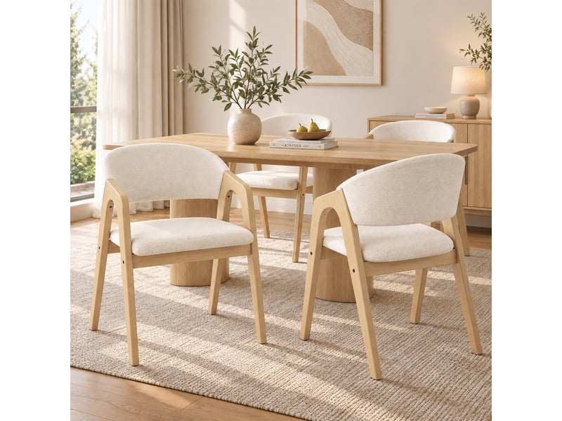 Lot de 4 chaises de salle à manger - 55.5x60x83 cm - structure en hévéa massif - revêtement effet lin - bois naturel et beige CozyNest - Conforama B