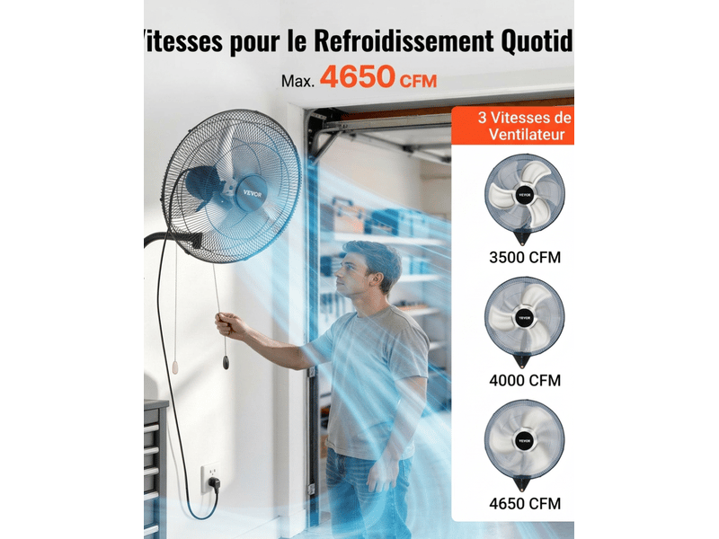  Ventilateur mural industriel 500mm, oscillant à 3 vitesses, pour atelier et garage, noir  - Conforama D