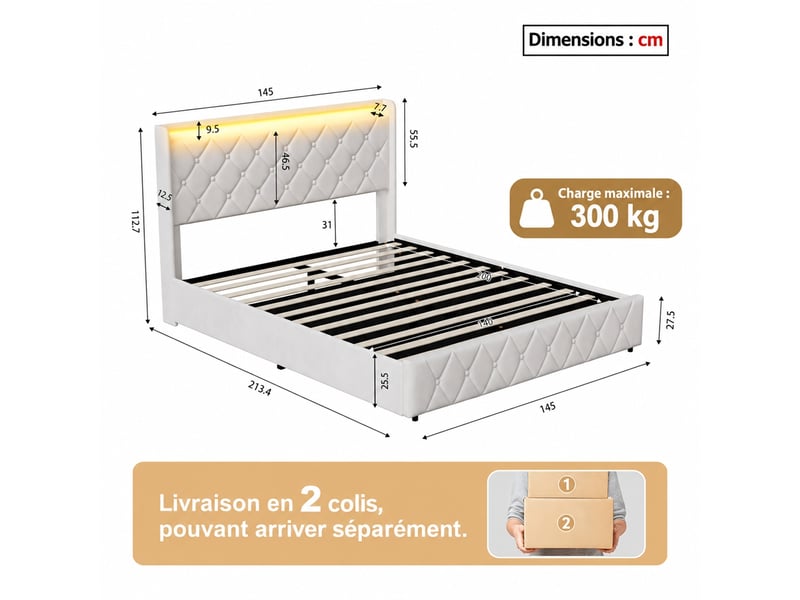  Lit coffre 140x200 cm avec led et usb, lit adulte capitonné avec rangement hydraulique, lit 2 places avec sommier à lattes, lit double avec tête de lit rembourrée, velours blanc  - Conforama C